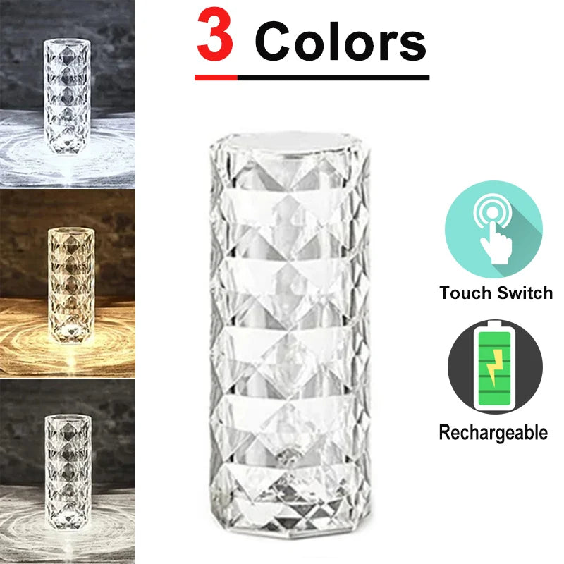 3/16 Colors LED Rose Light Projector Crystal Table Lamp Home Bar Decoration Touch Recharging Romantic Diamond Atmosphere Light