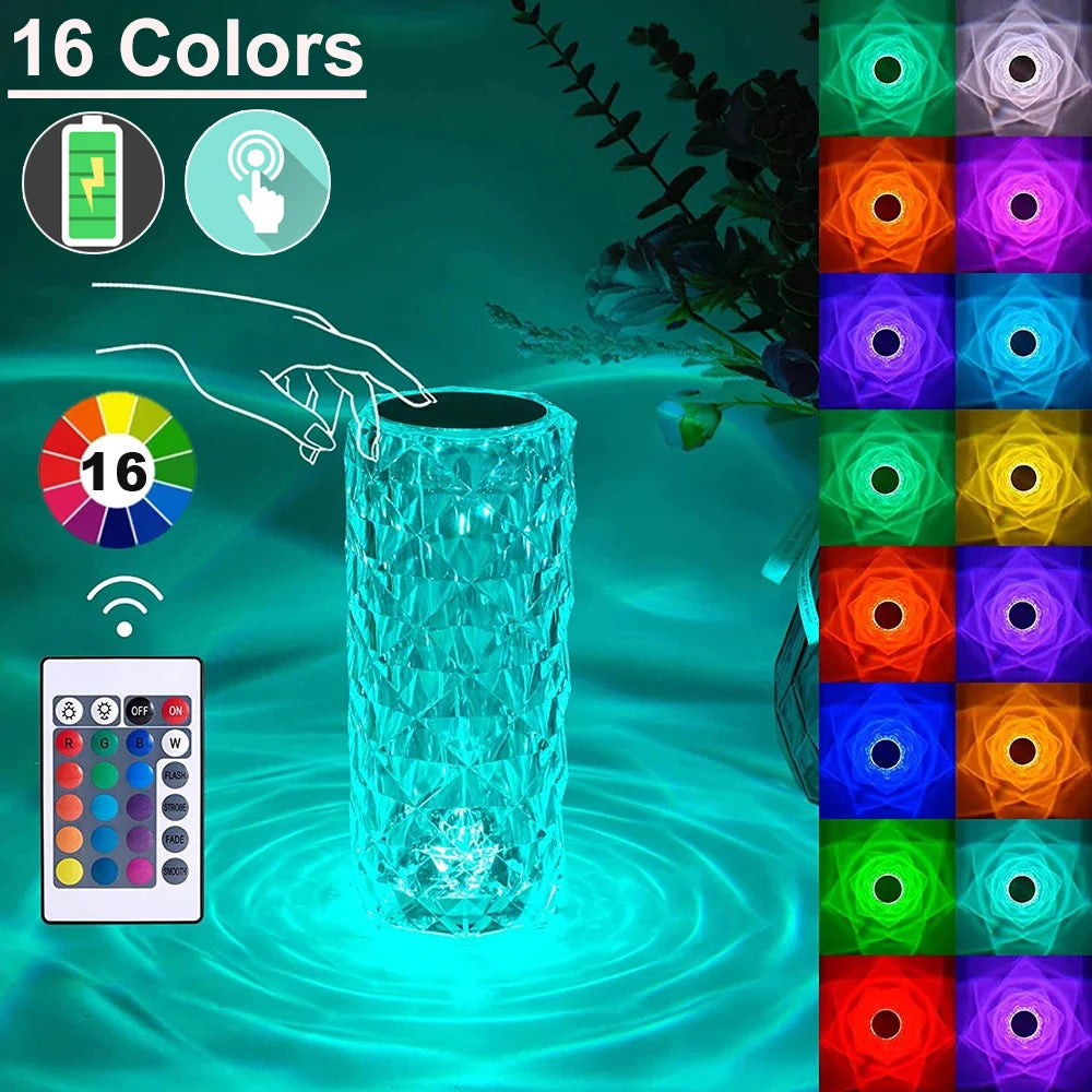 3/16 Colors LED Rose Light Projector Crystal Table Lamp Home Bar Decoration Touch Recharging Romantic Diamond Atmosphere Light
