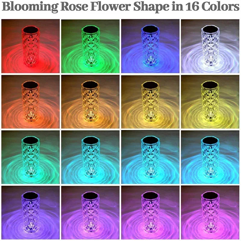 3/16 Colors LED Rose Light Projector Crystal Table Lamp Home Bar Decoration Touch Recharging Romantic Diamond Atmosphere Light