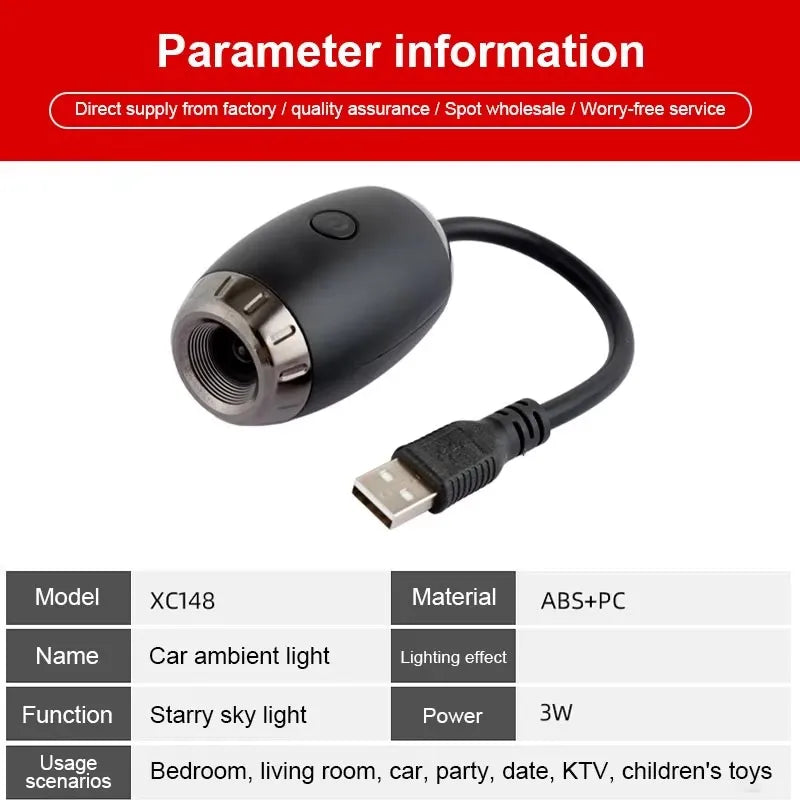 LED Starry Car Ambient Light USB Adjustable Focus Saturn Galaxy Large Range Projection Romantic Party Interior Decor Light