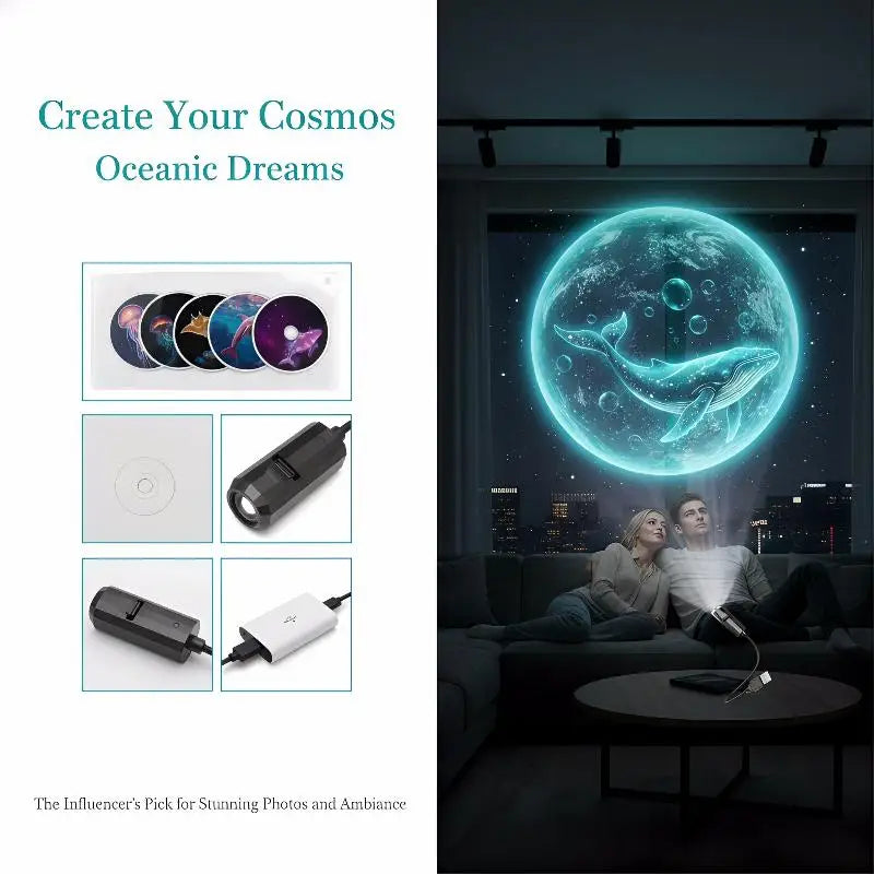 LED USB Projector Light Ocean Projection Lamp With 8pcs Marine Life Light Panels Ceiling Decorative Night Light