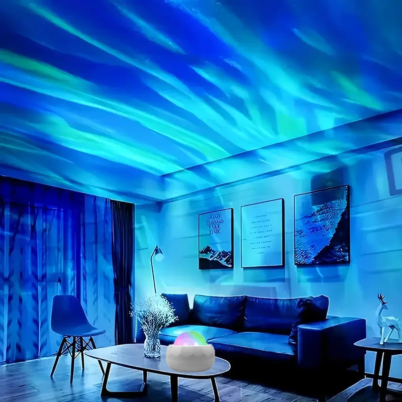 Living room with blue LED strip lights on the ceiling, creating a futuristic ambiance.