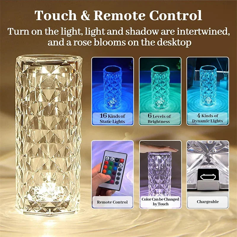3/16 Colors LED Rose Light Projector Crystal Table Lamp Home Bar Decoration Touch Recharging Romantic Diamond Atmosphere Light