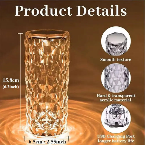 3/16 Colors LED Rose Light Projector Crystal Table Lamp Home Bar Decoration Touch Recharging Romantic Diamond Atmosphere Light